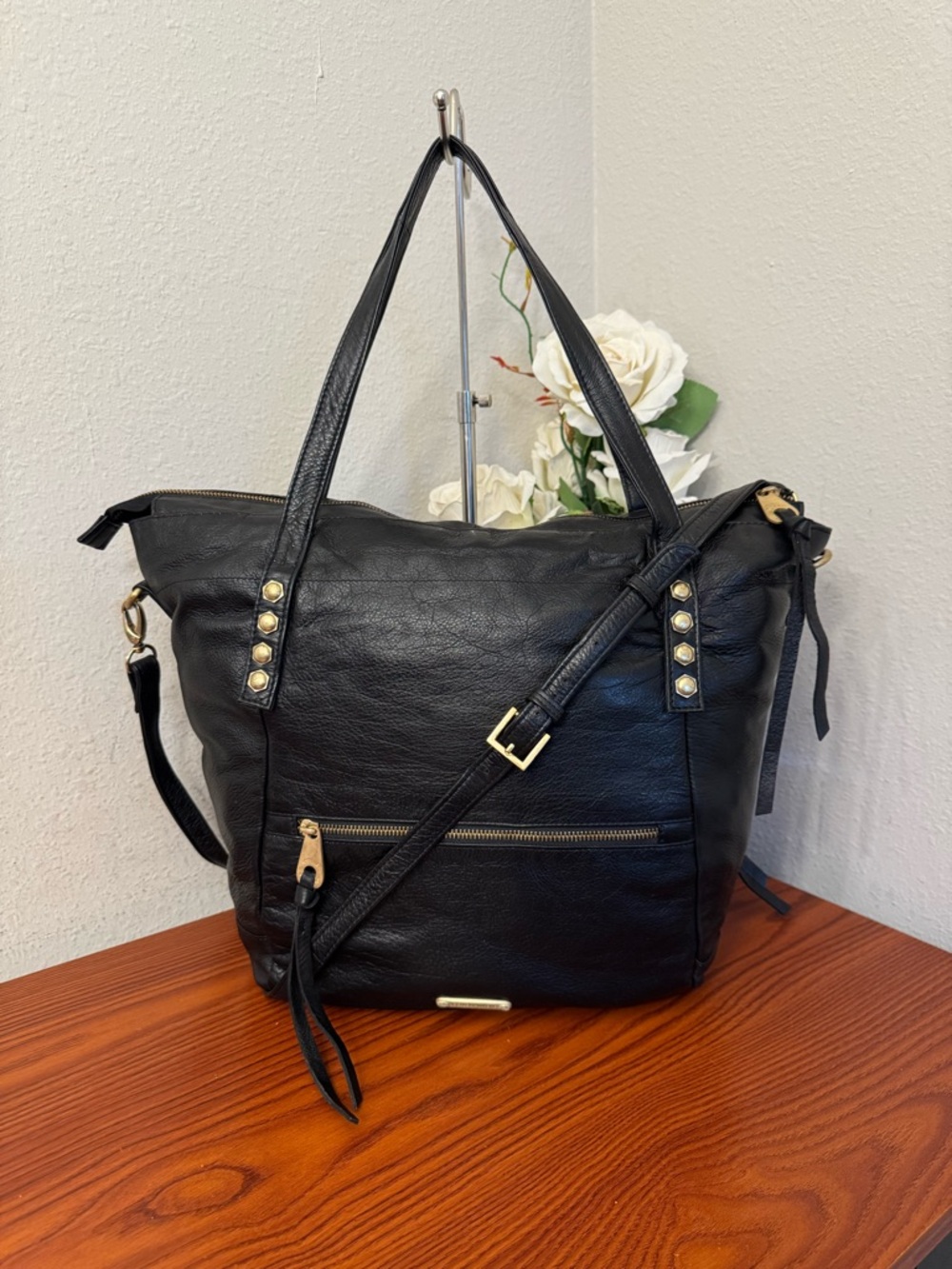 Black Leather Stud-Accent Tote with Removable Strap